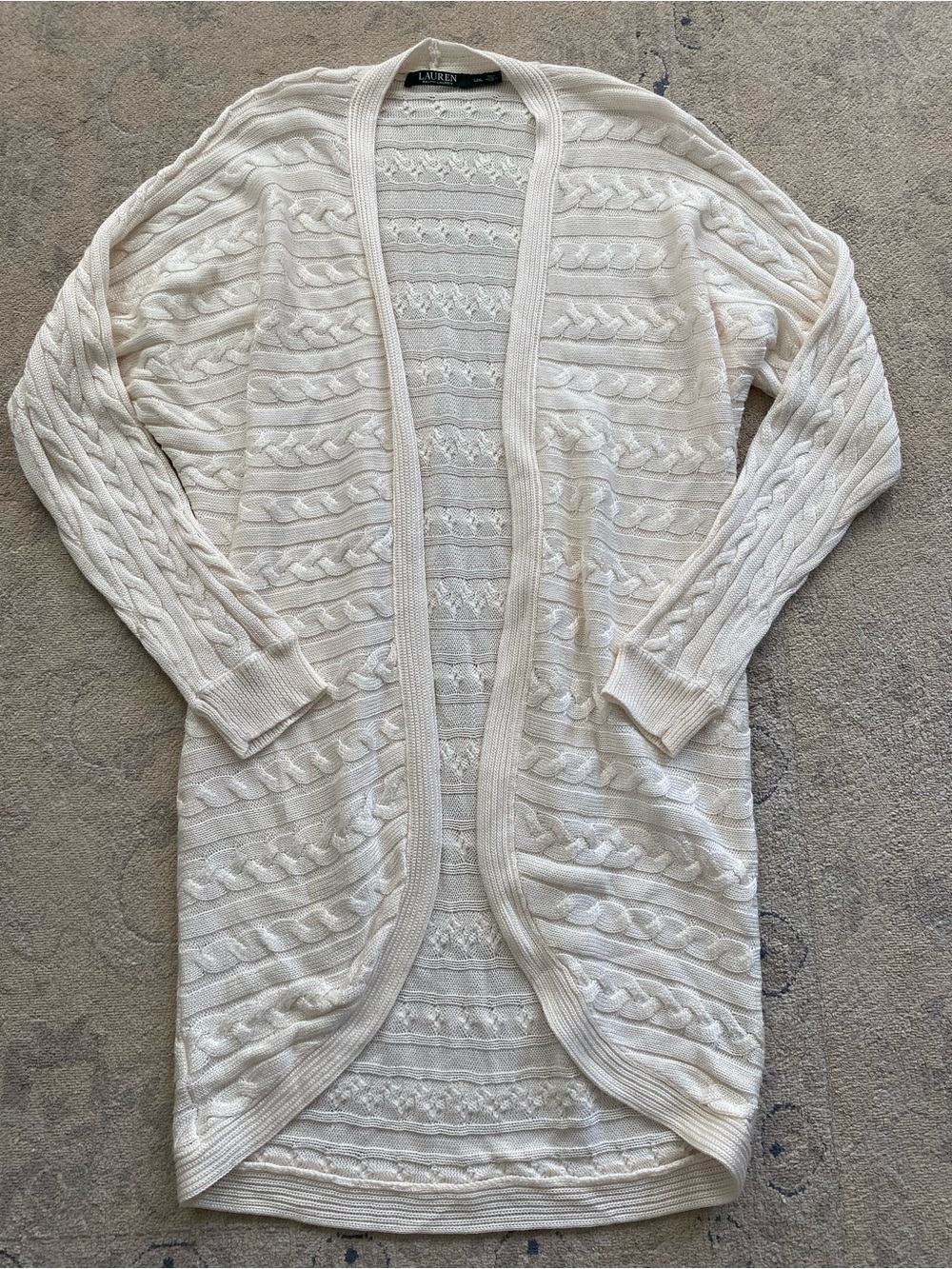 Lauren Ralph Lauren Open Cardigan Horizontal Cable Knit Ivory Large-XL Cotton
